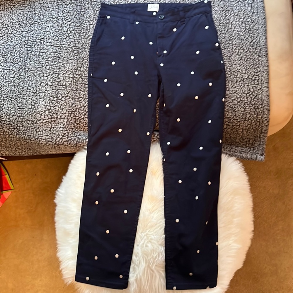Navy and white polka dot chinos. Size 27. 97%cotton and 3% elastase. My